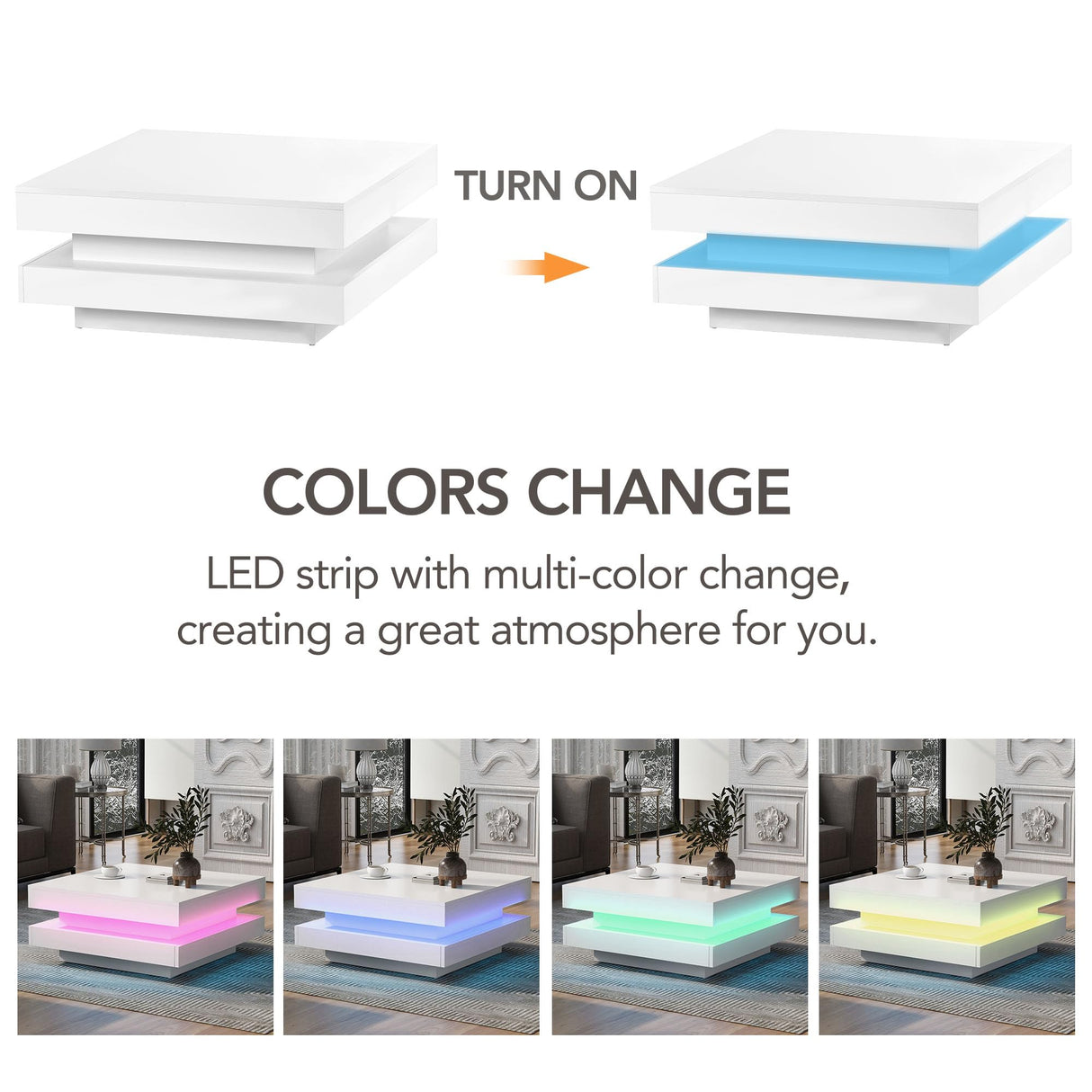 LUMISOL LED Coffee Table for Living Room, High Gloss Coffee Table, 2-Tier Square Center Table with LED Lights, 31.5''x31.5''x14.2'', White LUMISOL