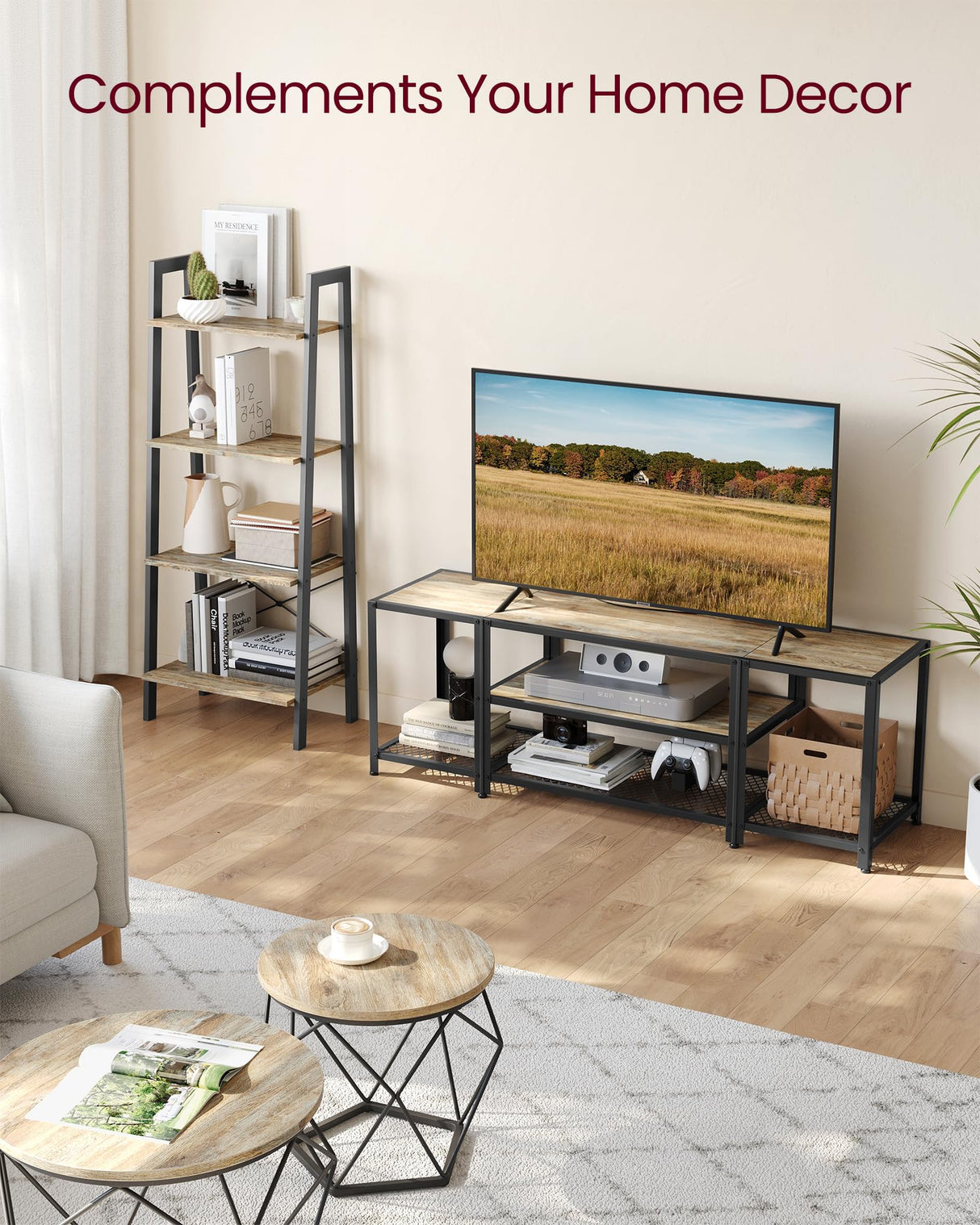 VASAGLE Modern TV Stand for TVs up to 65 Inches, 3-Tier Entertainment Center, Industrial TV Console Table with Open Storage Shelves, for Living Room, Bedroom, Turquoise Brown and Black ULTV097B60 VASAGLE