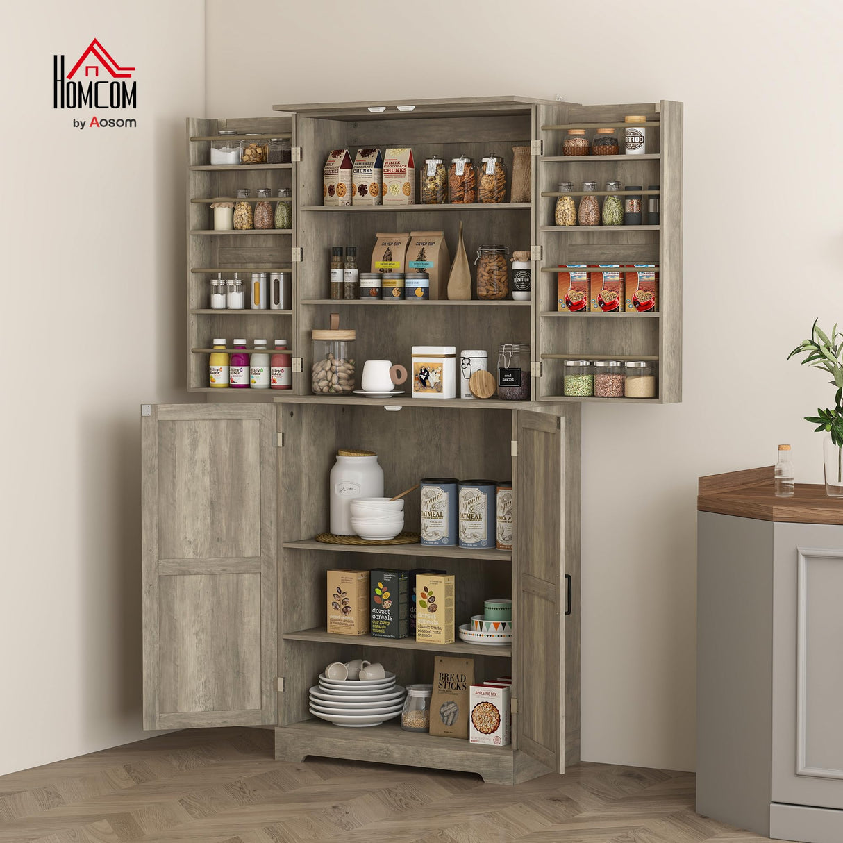 HOMCOM 72" Farmhouse Kitchen Pantry Cabinet, Freestanding Tall Storage Cabinet with 4 Barn Doors, 4 Adjustable Shelves and 8 Door Shelves, Gray Wash HOMCOM