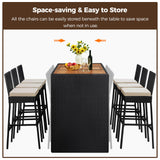 Yaheetech 7 Piece Patio Dining Set Outdoor Acacia Wood Bar Table and Chairs with Removable Cushions, Wicker Furniture Set for Deck, Backyard, Garden, Black/Beige Yaheetech
