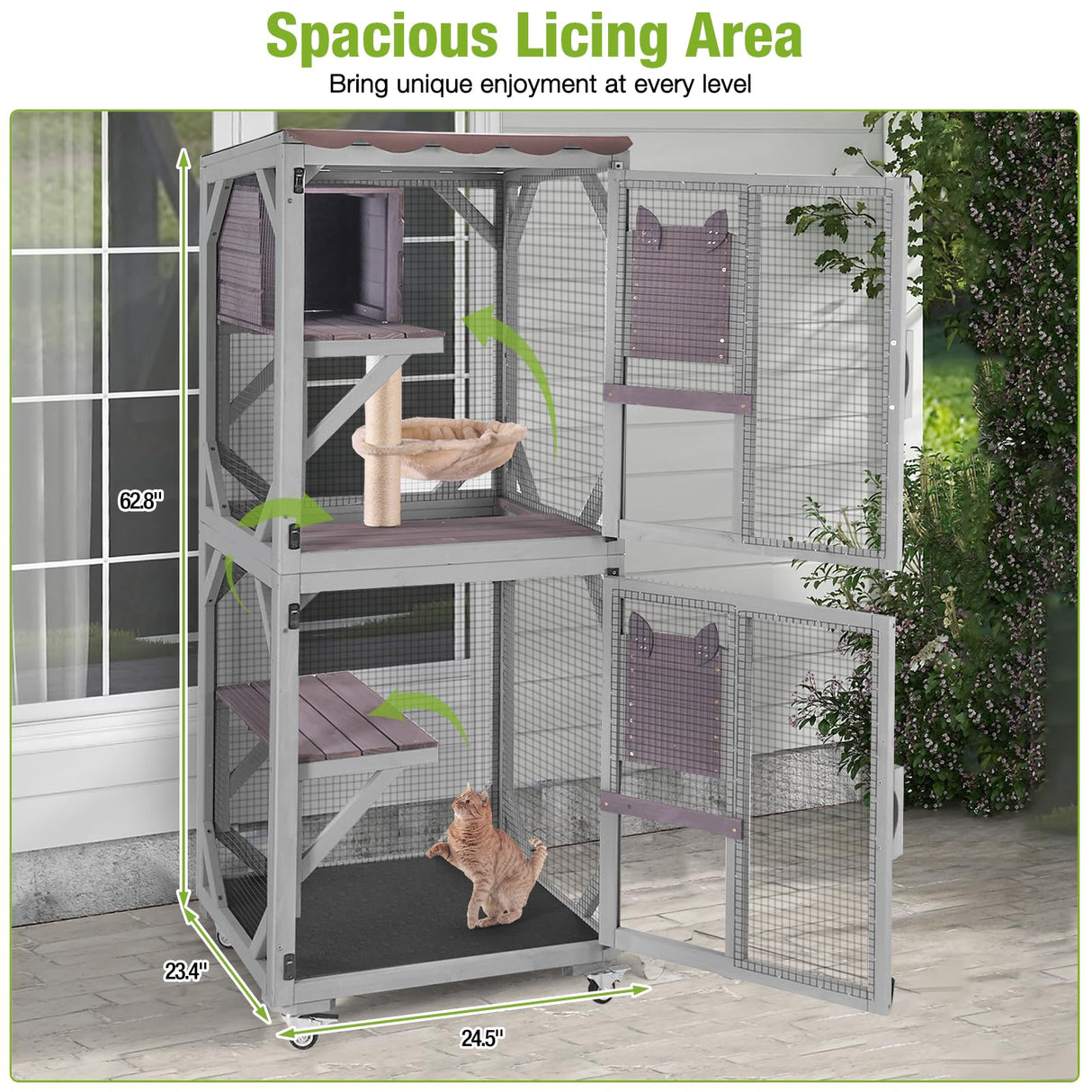 GUTINNEEN Catio Outdoor Cat Enclosure Mobile Cat House Indoor On Wheels with Scratch Post, Hammock, Resting Box, Platform, Tarp Roof 62.8", Grey GUTINNEEN