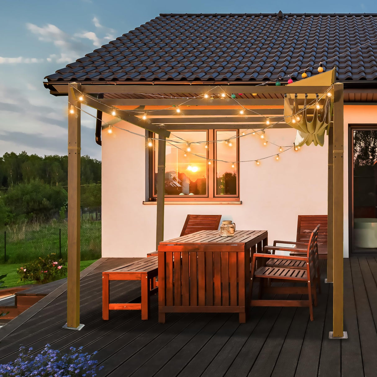 Domi 9’ x 13’ Outdoor Retractable Pergola Against The Wall with Weather-Resistant Canopy Aluminum Garden Pergola Patio Grill Gazebo for Courtyard(Teak Coated) domi outdoor living