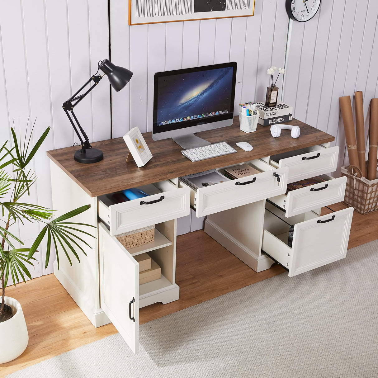 boknight 60" Farmhouse Executive Desk with Lock,Home Office Desk with Charging Station,Executive Desk with 4 Drawers & 1 Cabinet&1 File Cabinet for Office and Home boknight