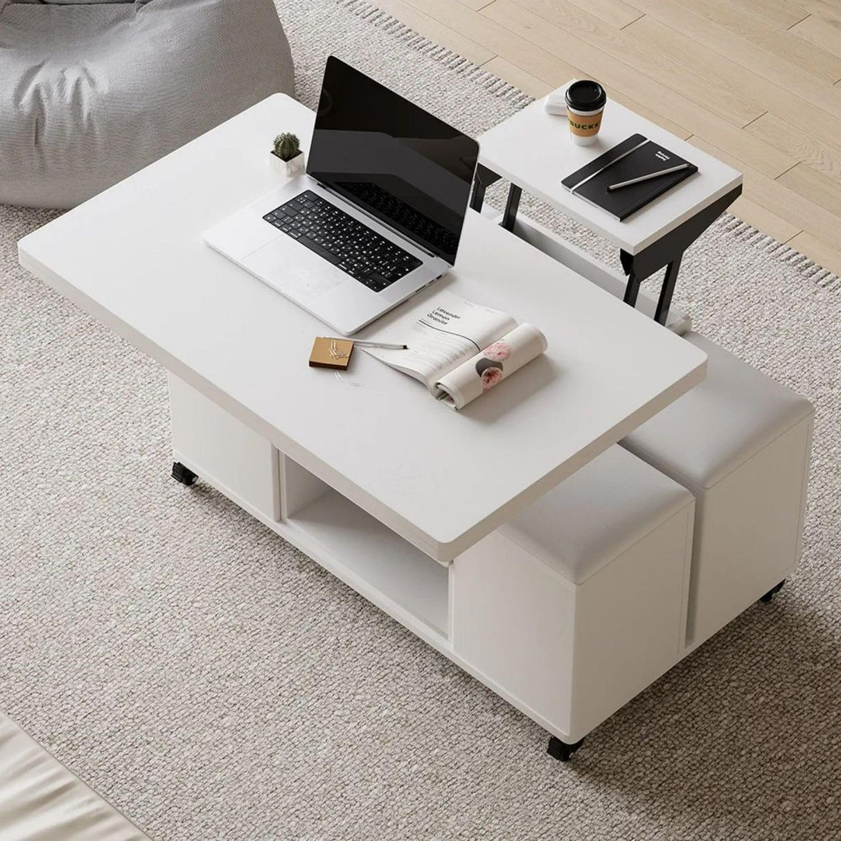 homary White Lift Top Coffee Table with Hidden Storage, 3 in 1 Multi-Function Modern Folding Center Table with 4 Stools and Casters homary