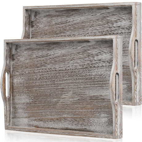 DEAYOU 2 Pack Rustic Wood Serving Tray, 17" Ottoman Wooden Tray for Coffee Table, Farmhouse Vintage Decorative Tray Platter with Cutout Handle for Eating, Breakfast, Rectangle, 17" L x 11" W DEAYOU