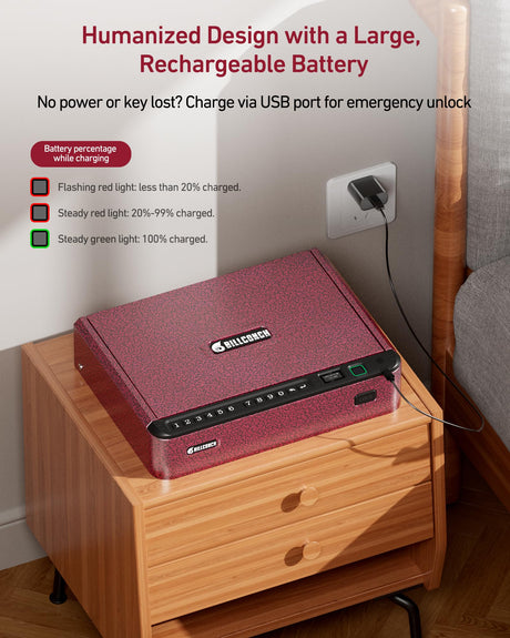 BILLCONCH Smart Gun Safe with Security Cable - Biometric Gun Safe for Handgun 4 Ways Quick Access with Fingerprint/Keypad/Key/APP Lock for Bedside Home Car with LCD/Voice Guide - Burgundy Red BILLCONCH