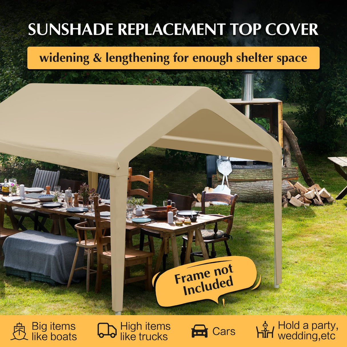 GOTRUTH 10x20 Canopy Replacement Cover, Carport Replacement Canopy Top Cover for 10' x 20' Frame, 800D Heavy Duty Waterproof & UV Protected Car Canopy with Ball Bungees (Frame is not Included) (Beige) GOTRUTH