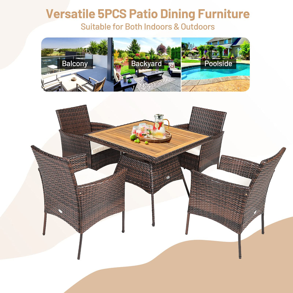 Tangkula 5 Pieces Wicker Patio Dining Set, Outdoor Acacia Wood Dining Furniture with 4 Armrest Chairs & 1 Dining Table, Rattan Conversation Set with Cushions & Umbrella Hole for Backyard Garden Porch Tangkula