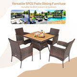 Tangkula 5 Pieces Wicker Patio Dining Set, Outdoor Acacia Wood Dining Furniture with 4 Armrest Chairs & 1 Dining Table, Rattan Conversation Set with Cushions & Umbrella Hole for Backyard Garden Porch Tangkula