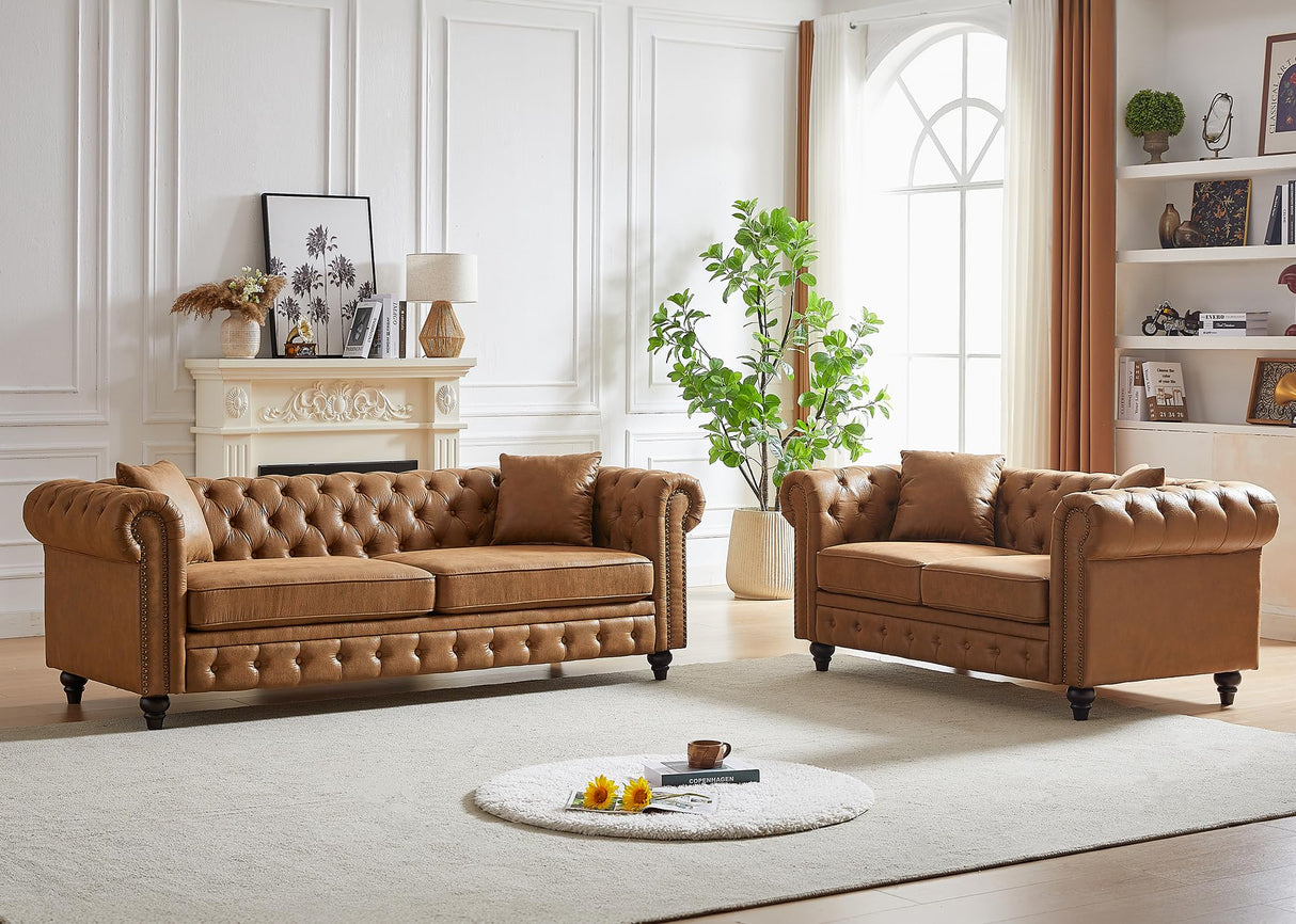 Mid Century Modern Couch, 85.5"W High-tech Fabric Button Tufted Oversized Loveseat Sofa with Nailhead Trim & Roll Armrests, Deep Seat Comfy Chesterfield Sofa for Living Room, Office(3 Seater, Brown) JEEOHEY