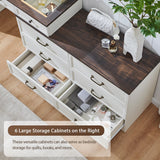 Aitjunz 69" W Big Vanity Desk with Glass Top, Farmhouse Makeup Table with 9 Large Storage Drawers, Rustic Wood Bedroom Dressing Table w/3 Color Available Light & 30" HD Led Mirror,White Aitjunz