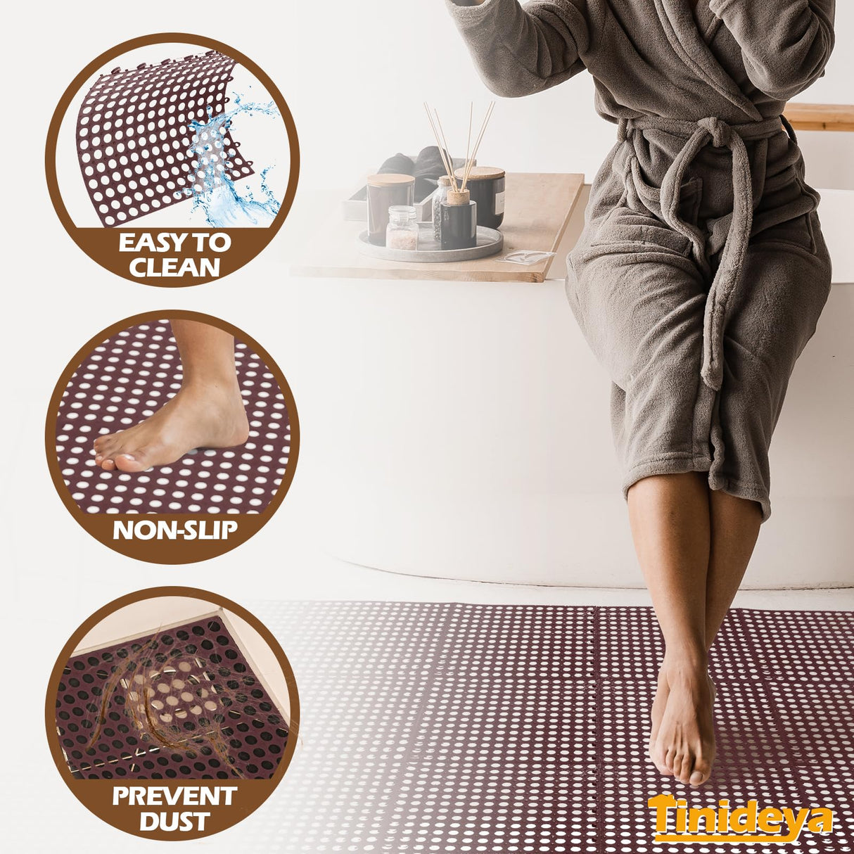 Tinideya 50 Pcs Drainage Interlocking Tiles Dry Deck Tiles 11.8'' X 11.8'' Interlocking Floor Tiles with Drain Holes, Non Slip TPE Soft Drainage Mats Modular Pool Floor Mat for Bathroom Patio (Brown) Tinideya