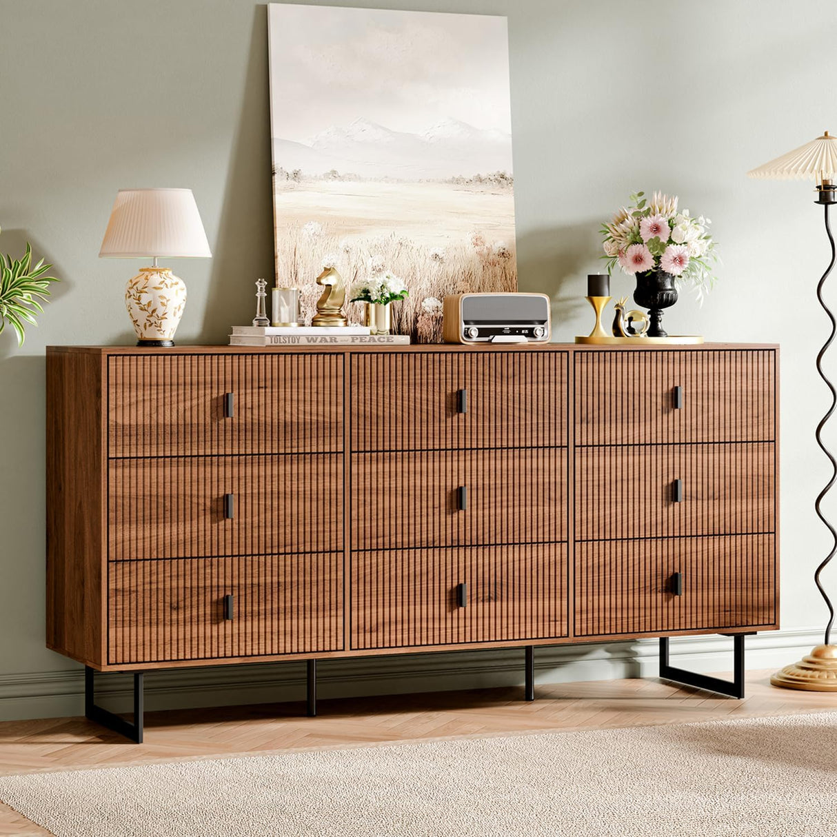 Chrangmay Modern Chest of Drawers with 9 Drawers,Deep Drawers,Clothes Organizer,Large Storage Cabinet for Living Room, Bedroom,Hallway,with Anti-Tipping Device, Walnut. Chrangmay