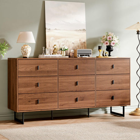 Chrangmay Modern Chest of Drawers with 9 Drawers,Deep Drawers,Clothes Organizer,Large Storage Cabinet for Living Room, Bedroom,Hallway,with Anti-Tipping Device, Walnut. Chrangmay