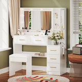 Makeup Vanity with Lights & Charging Station, White Vanity Table with 5 Drawers & Open Storage Shelves, Vanity Desk with Mirror & Lights, Dressing Table Set for Women Girls, Bedroom Makeup Table Set TOKSOM