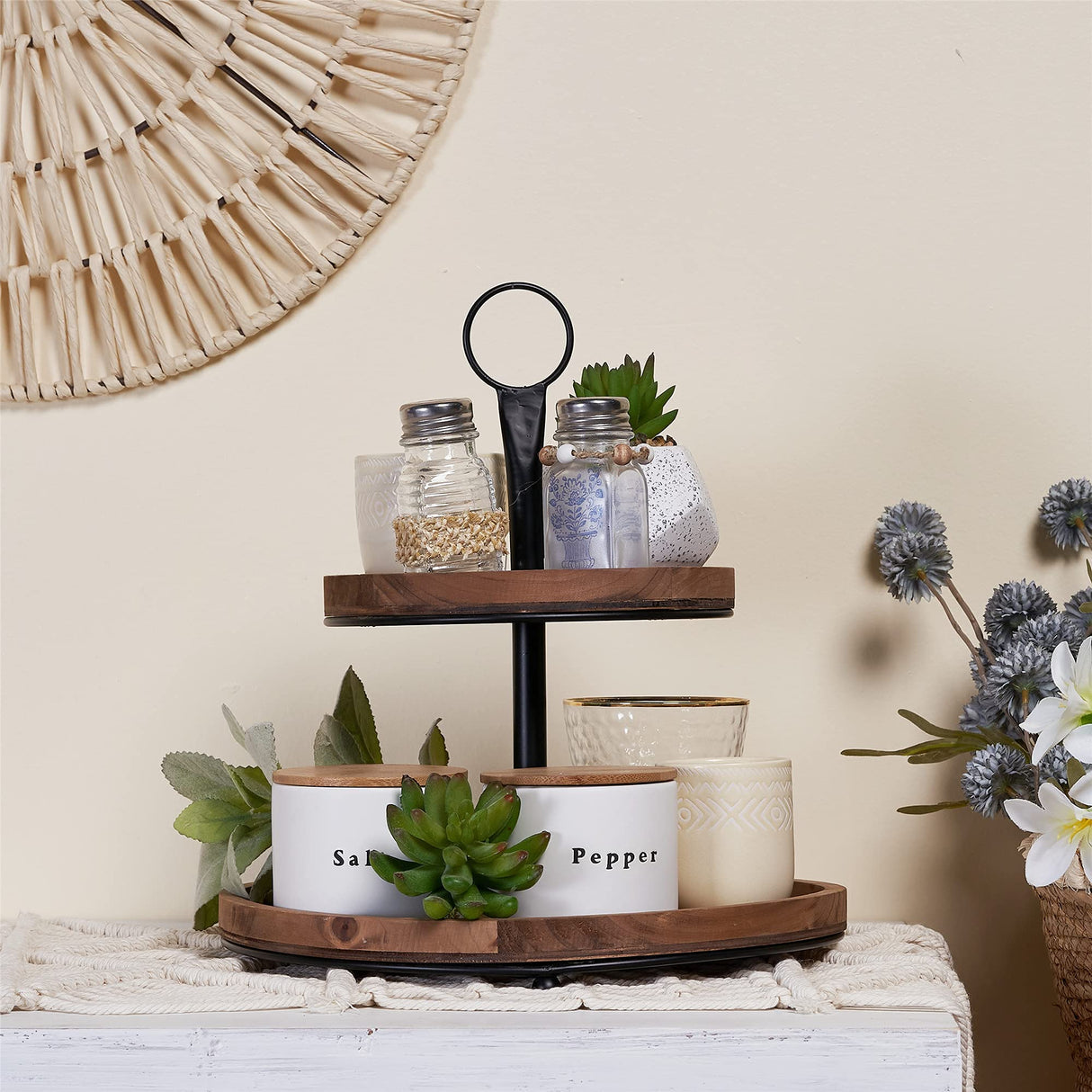 GENMOUS & CO. Farmhouse Tiered Tray Decor with Distressed Wood Bead Garland, Decorative 2 Tiered Serving Tray with Metal Handle for Rustic Home Décor GENMOUS & CO.