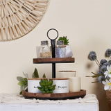 GENMOUS & CO. Farmhouse Tiered Tray Decor with Distressed Wood Bead Garland, Decorative 2 Tiered Serving Tray with Metal Handle for Rustic Home Décor GENMOUS & CO.