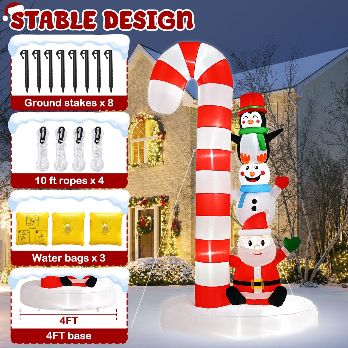 8 FT Christmas Inflatables Santa Claus Snowman Penguin with Candy Cane Outdoor Decoration Built-in LED Lights Cute Blow Up Christmas Decor for Xmas Party Holiday Yard Patiobay