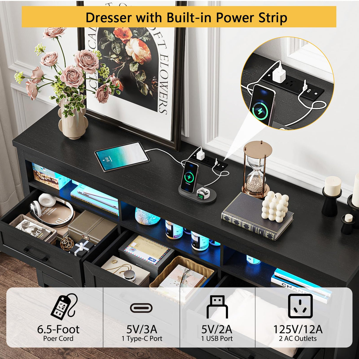 Hlivelood Farmhouse 9 Drawer Dresser with LED Lights, 63" Wide Large Chest of Drawers for Bedroom, Modern Wood Dresser Storage Organizer with Charging Station for Living Room, Bedroom, Hallway, Black Hlivelood