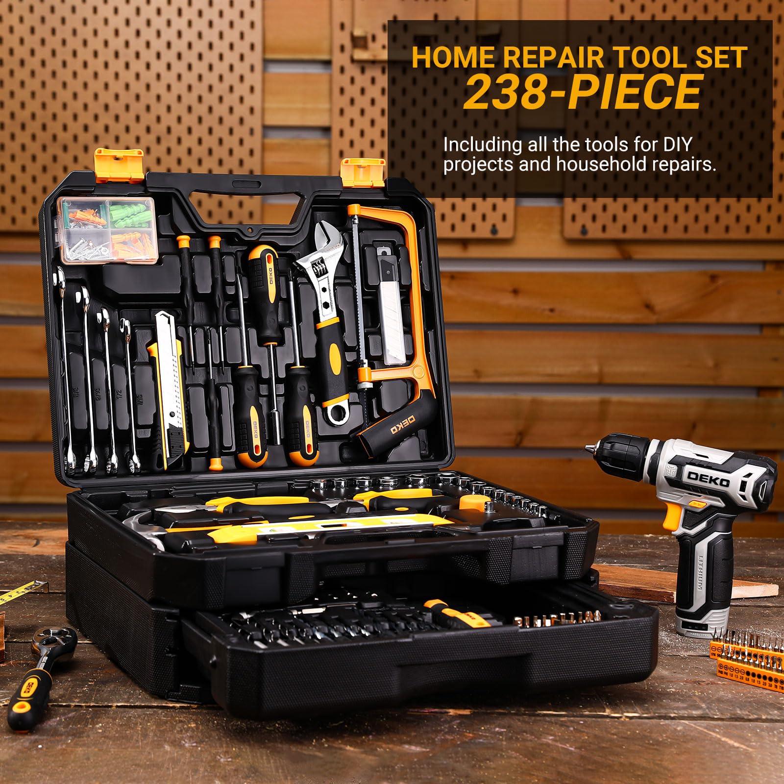 Tool Kit Box Drill Set：DEKOPRO Home Mechanic Toolbox with 12V Power Cordless Drill Hand Repair Tools Sets Combo Kits Storage Organizer Drawer Case for Men - WoodArtSupply