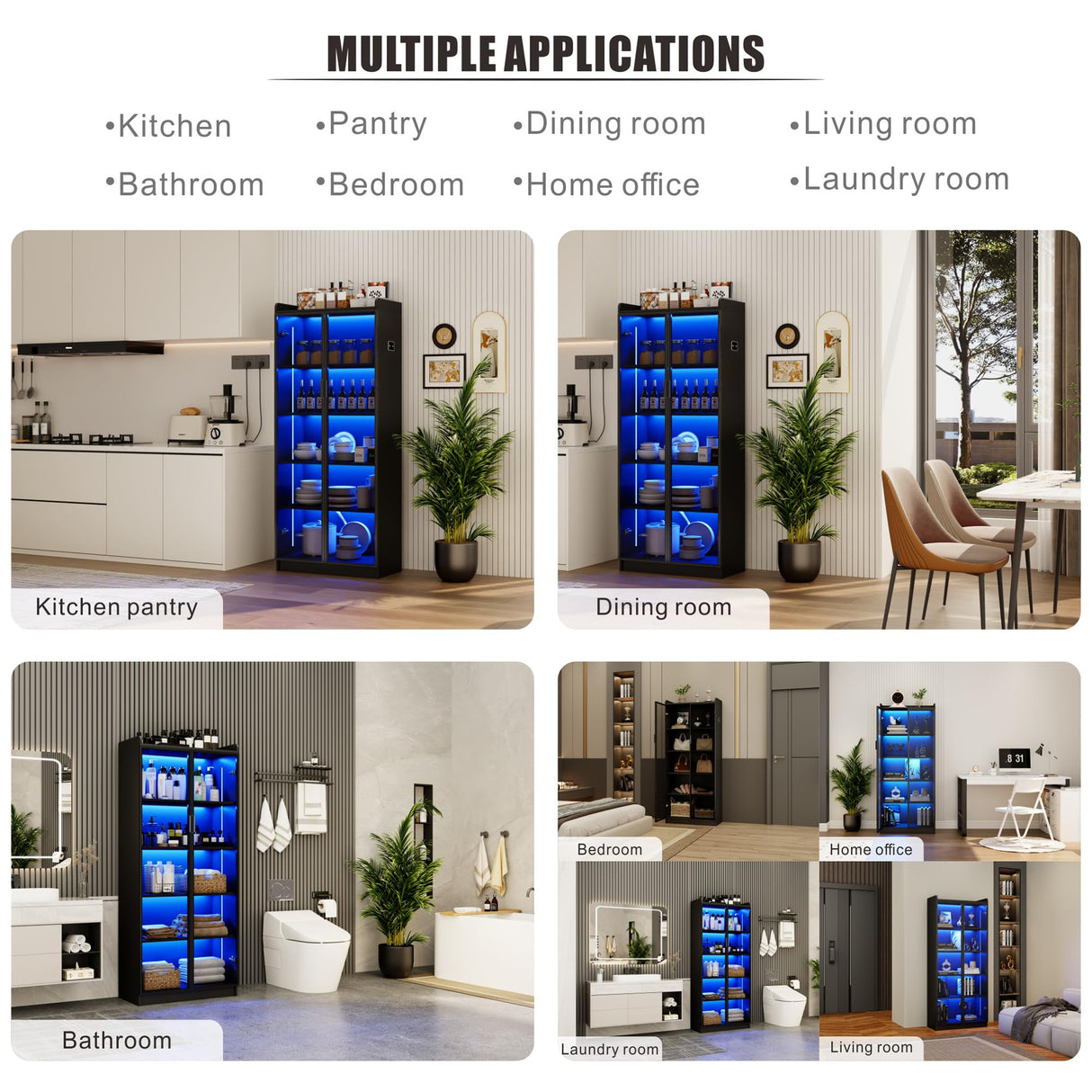 Display Cabinet with Doors and Adjustable Shelves, 65" Tall Bookcase with LED Lights/Human Sensor, 5 Tier Display Case for Collectibles Bedroom Living Room Office, Black - Smoked Black Door Dystler