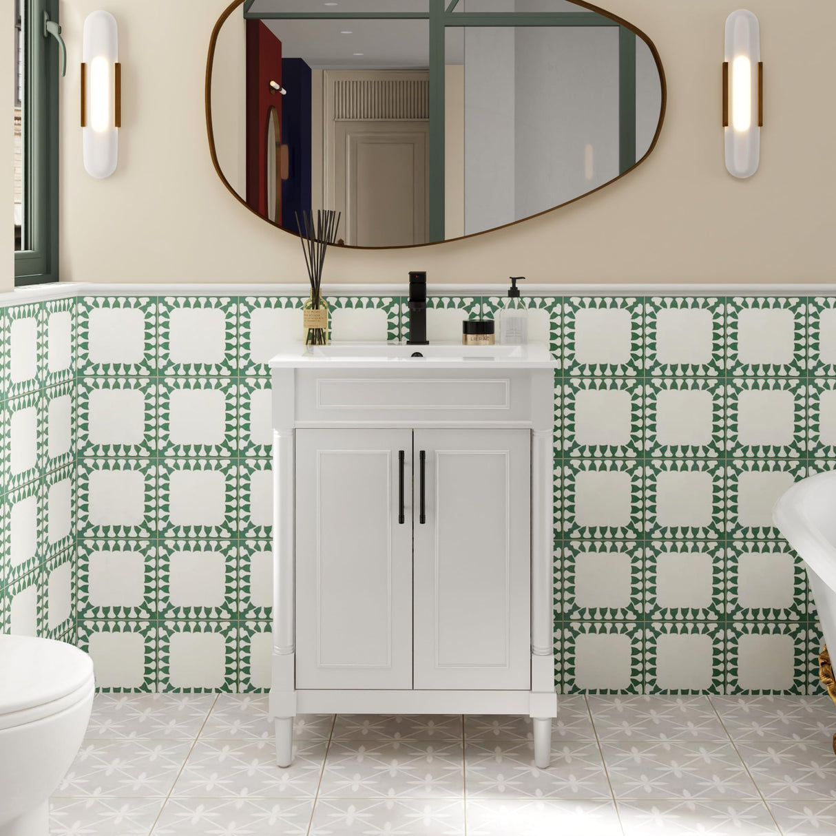 LUCKWIND 24" Bathroom Vanity with Sink Combo, Mid-Century Painted Bathroom Storage Cabinet with Cylindrical Feet, Undermount Sink and Vintage Handles, Mirror is NOT Included, White LUCKWIND