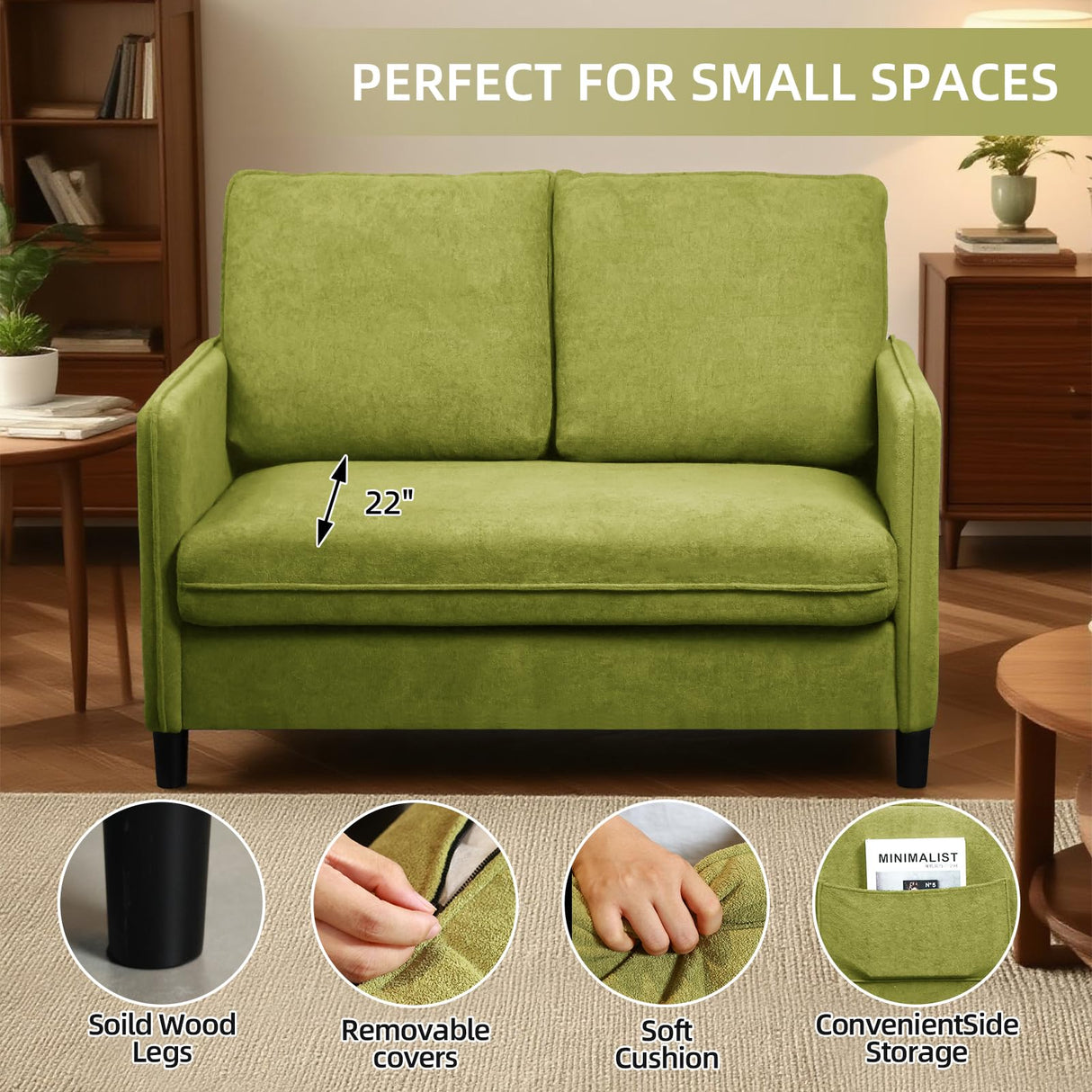 Zoxeions 51" Small Loveseat Sofa, Comfy Teddy Fabric with LED Mood Lighting Perfect for Bedroom, Living Room & Small Spaces, Tool-Free Assembly, Solid Wood Mini Couch for Apartment, Dorm Zoxeions