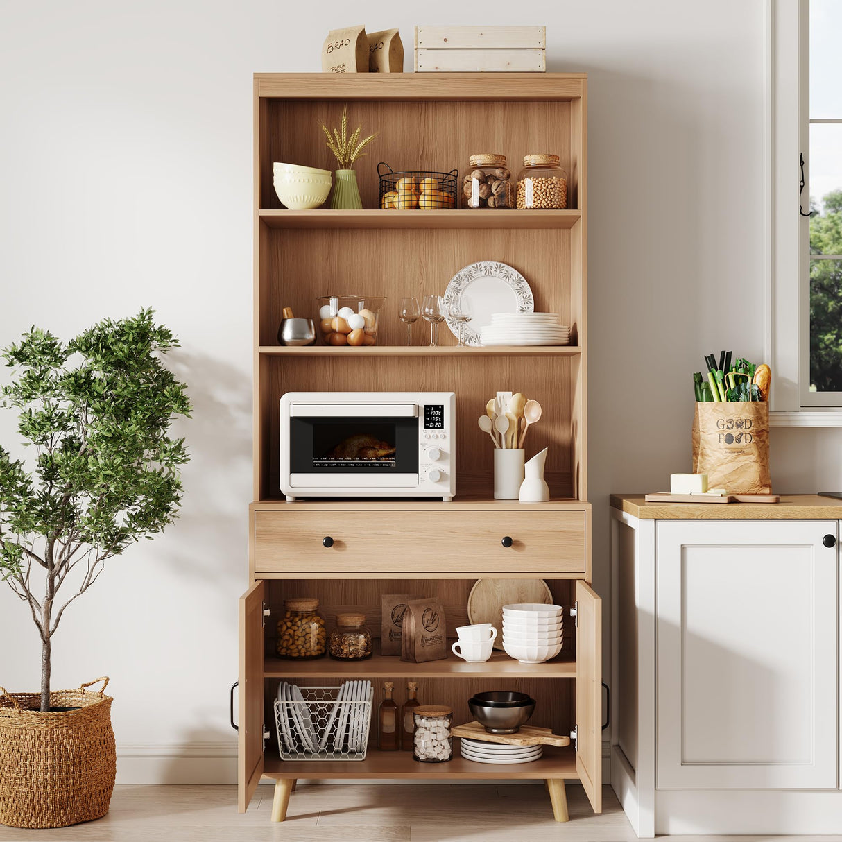 GarveeHome Tall Bookshelf with Storage Cabinet, 72.4" Wood Bookcase with Doors, Drawer & Open Shelves, Freestanding Display Bookshelves for Home Office, Living Room, Bedroom, Kitchen GarveeHome