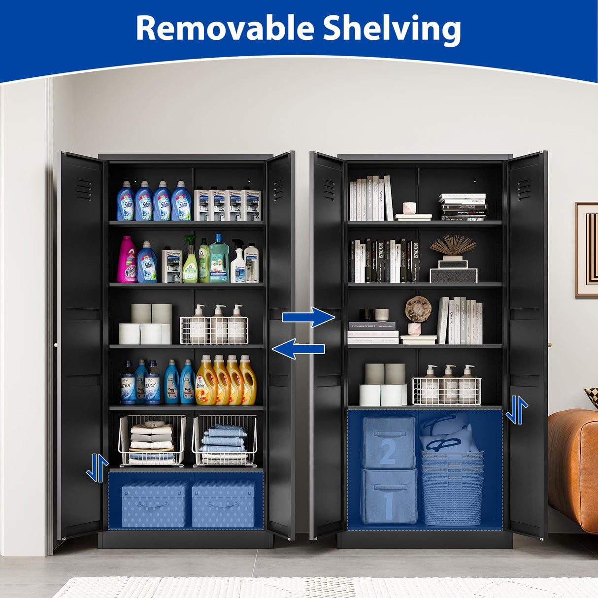 BYNSOE 71'' Kitchen Pantry Storage Cabinet with 5 Adjustable Shelves Metal Pantry Storage Cabinet with Ventilation Cupboard Cabinet for Kitchen, Living Room Dinning Room Bathroom. (Black, 71 inch) BYNSOE