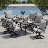 Grand patio 7-Piece Patio Dining Set for 6, E-Coated Outdoor Dining Set Swivel Patio Dining Chairs with Olefin Cushions & 1 Black Rectangular Faux Woodgrain Dining Table with 1.5”Market Umbrella Hole Grand patio