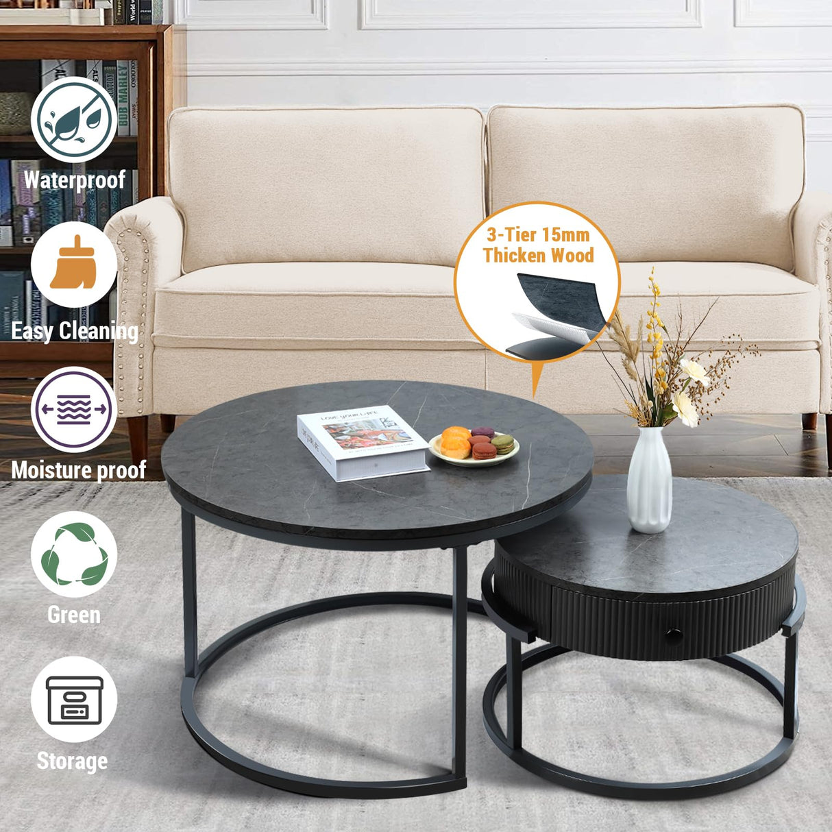 Round Nesting Coffee Tables Set: Gray Marble End Tables Set of 2 - Modern Metal Stacking Side Tables for Living Room Small Spaces Paradmas