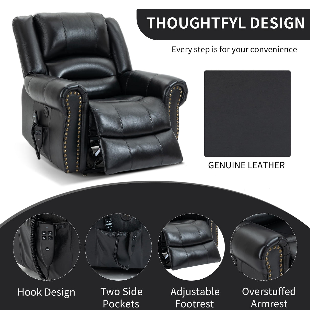Dual Motor Power Lift Chair, Lay Flat Recliner Chair, Electric Recliner with Massage and Heat for Elderly, Remote Control, Infinite Position, Standing Assistance, USB Ports (Black, Genuine Leather) Trustyue