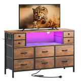 YITAHOME TV Stand with Charging Station, Dresser TV Stand for 55'' TV, 10 Drawer Dresser for Bedroom, Media TV Console Table with Side Pockets & Hooks, Storage Fabric Drawer Unit for Bedroom, Wood YITAHOME