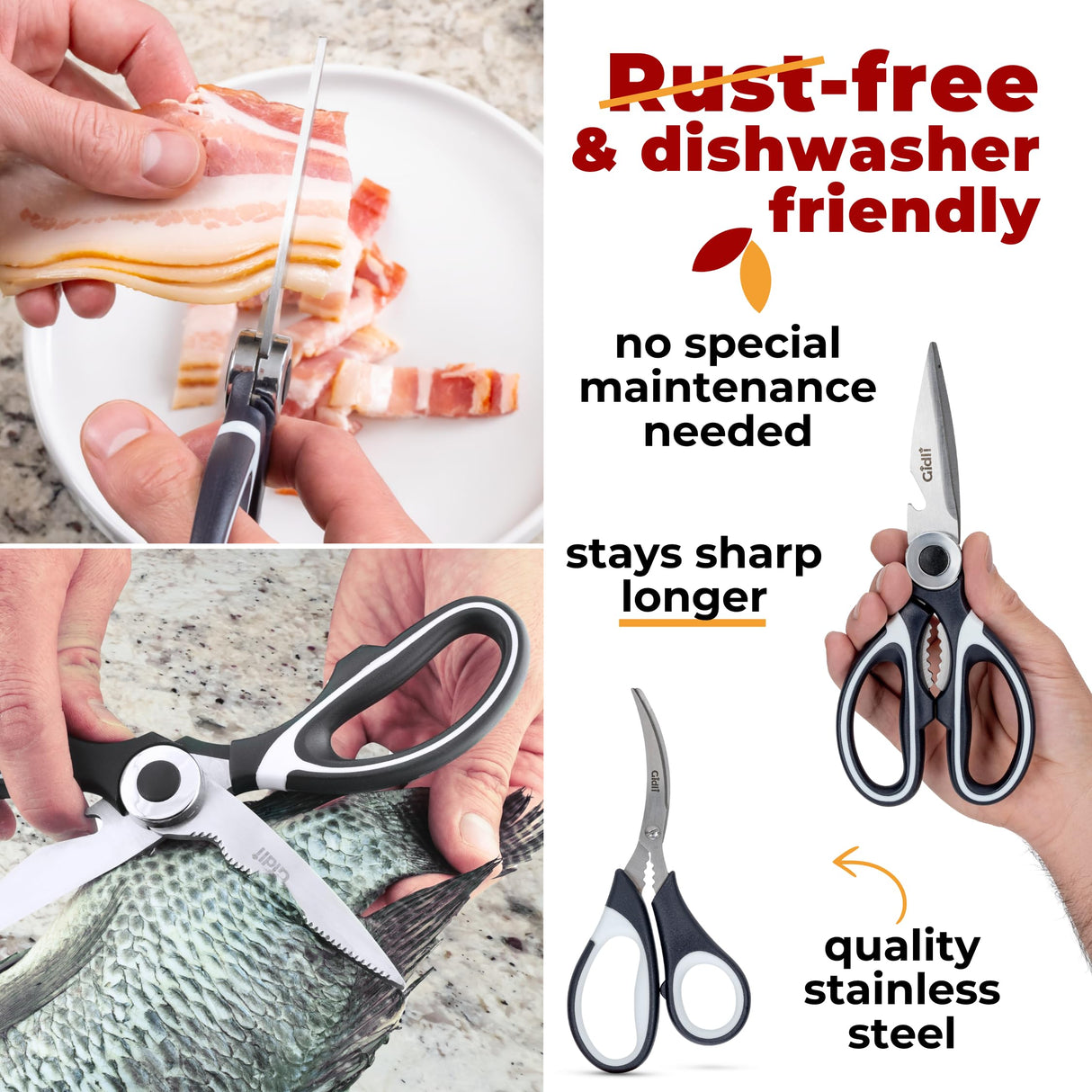 Kitchen Shears by Gidli - Lifetime Replacement Warranty - Includes Seafood Scissors As a Bonus - Heavy Duty Utility Stainless Steel All Purpose Ultra Sharp Scissors for Food - Cooking Shears Gidli