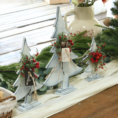 Set of 3 Wooden Christmas Tree Decor with Jute Jingle, Farmhouse Festive Decorations for Home, Christmas Table Decor with Rectangular Base (White)