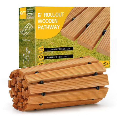 TONAHUTU 6FT Wooden Garden Pathway, Roll Out Wooden Curved Pathway Weather-Resistant Walkway for Outdoor Patios 17" W Roll Out Hardwood Walkway with Non-Slip Surface Wedding Party Pathways (Curved) TONAHUTU