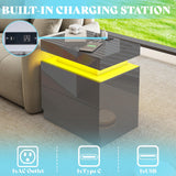 AMERLIFE High Gloss LED Nightstand Set of 2 with Charging Station, Modern Bedside Table Night Stand with LED Lights, Sofa End Side Tables with Drawers for Bedroom Living Room, Gray AMERLIFE