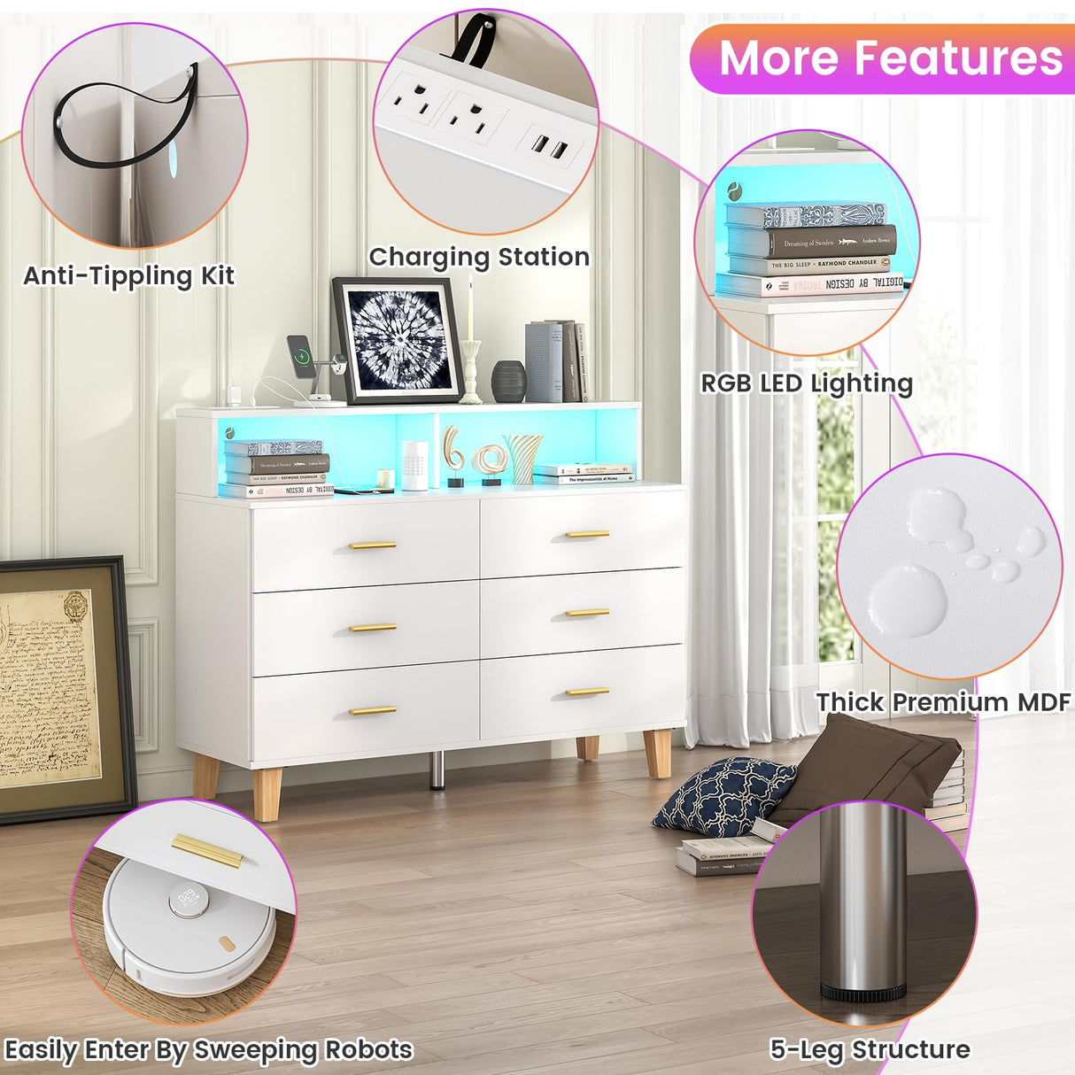 knoworld White 6 Drawer Dresser for Bedroom, Chest of Drawers with LED Light and Power Outlet, Tall Wide Dresser for Organizer Cabinet Bedroom,Living Room,Hallway, Entryway, Bedroom knoworld