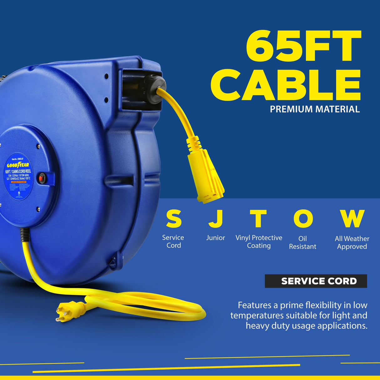 Goodyear Extension Cord Reel Retractable 12AWG x 65' Foot 3C/SJT Heavy Duty Commercial Cable Triple Tap Connector Power 15A 125VAC 1875W Goodyear