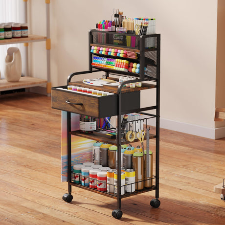 Homsorout Art cart, 3 Tier Rolling Cart - Utility Cart with Storage Drawer and Wheels, Versatile Art & Craft Organizer for Home, Office, or Studio Ideal for Storing Brushes, Paints （Brown） Homsorout
