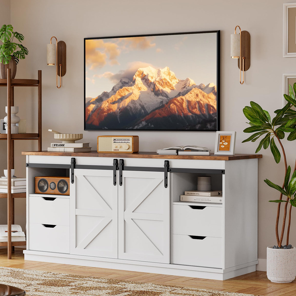 YESHOMY TV Stand for Televisions up to 65 Inchs, with Sliding Barn Doors and 4 Storage Drawers, Console Table and Media Furniture for Living Room, 58 Inch, Milk White YESHOMY