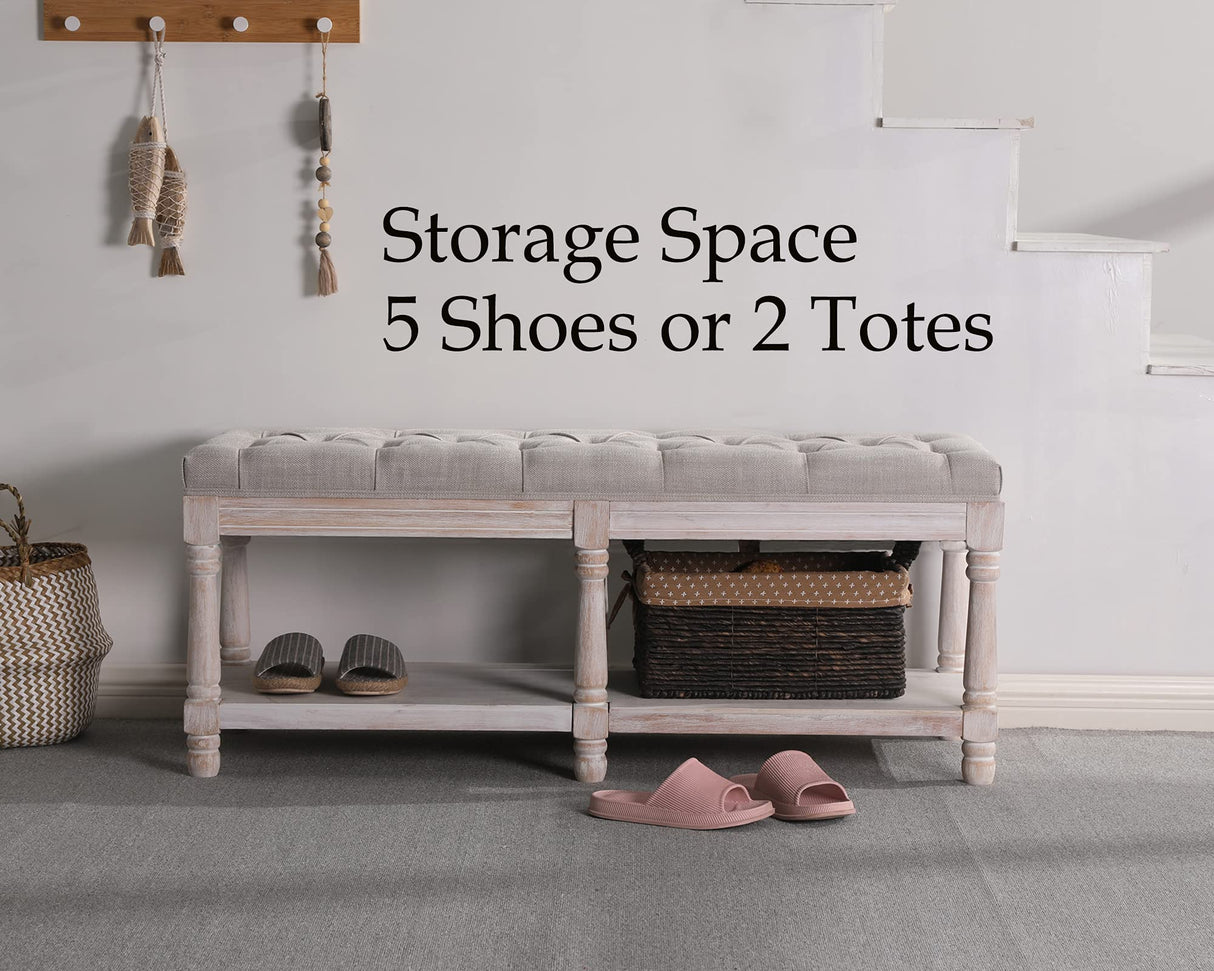 Janoray Farmhouse Storage Bench Wooden Entryway Upholstered Tufted Ottoman Bench for Bedroom End of Bed Hallway Organizer, Beige Janoray