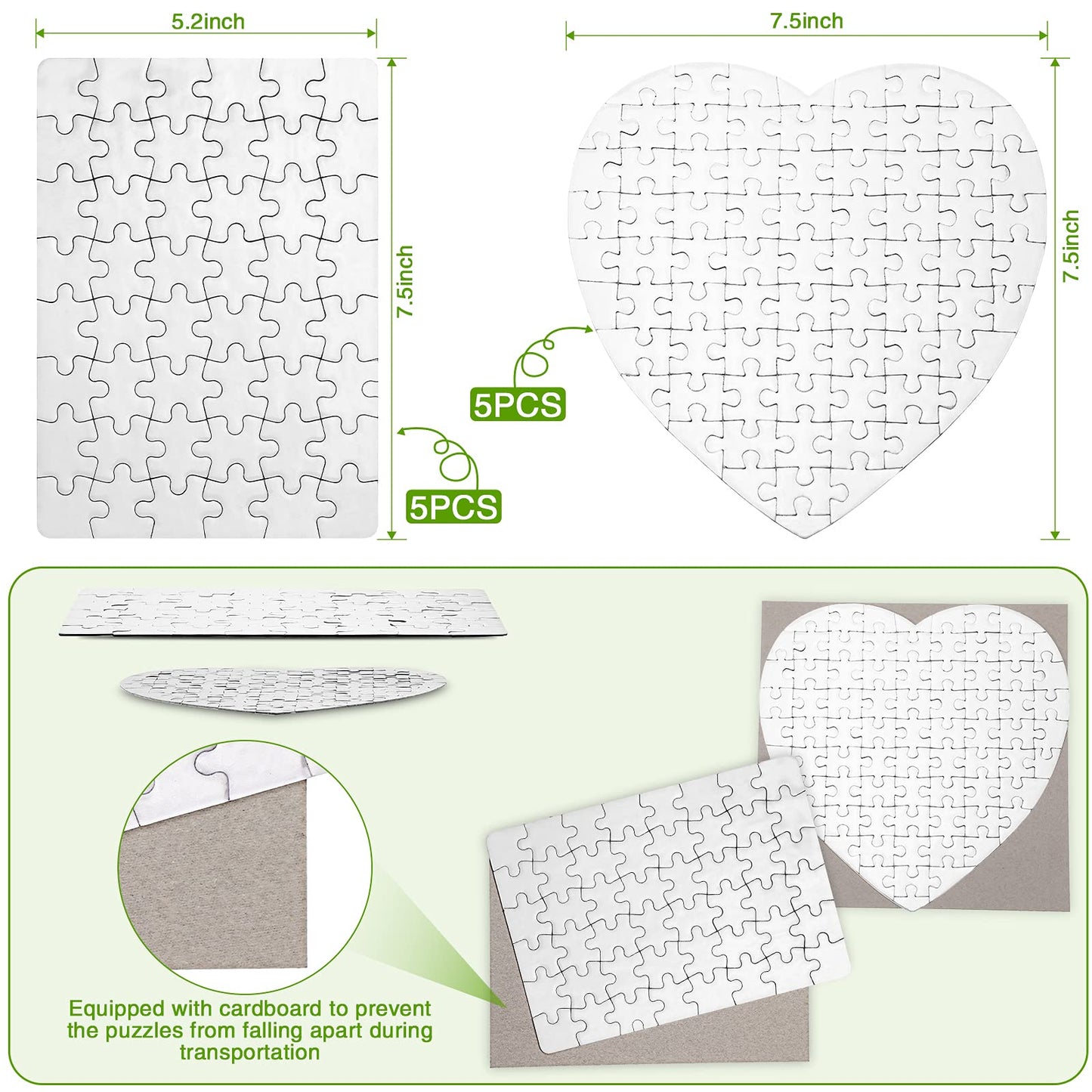 Sumind 10 Sets Blank Sublimation Puzzle Jigsaw Rectangle Heart Shaped White DIY Custom Puzzle Heat Press Thermal Transfer Puzzle Pearl Puzzle Blank Puzzle(A5-48 Rectangle and 75-Heart Shaped)