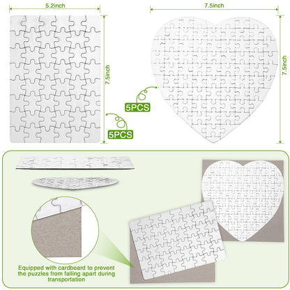 Sumind 10 Sets Blank Sublimation Puzzle Jigsaw Rectangle Heart Shaped White DIY Custom Puzzle Heat Press Thermal Transfer Puzzle Pearl Puzzle Blank Puzzle(A5-48 Rectangle and 75-Heart Shaped)