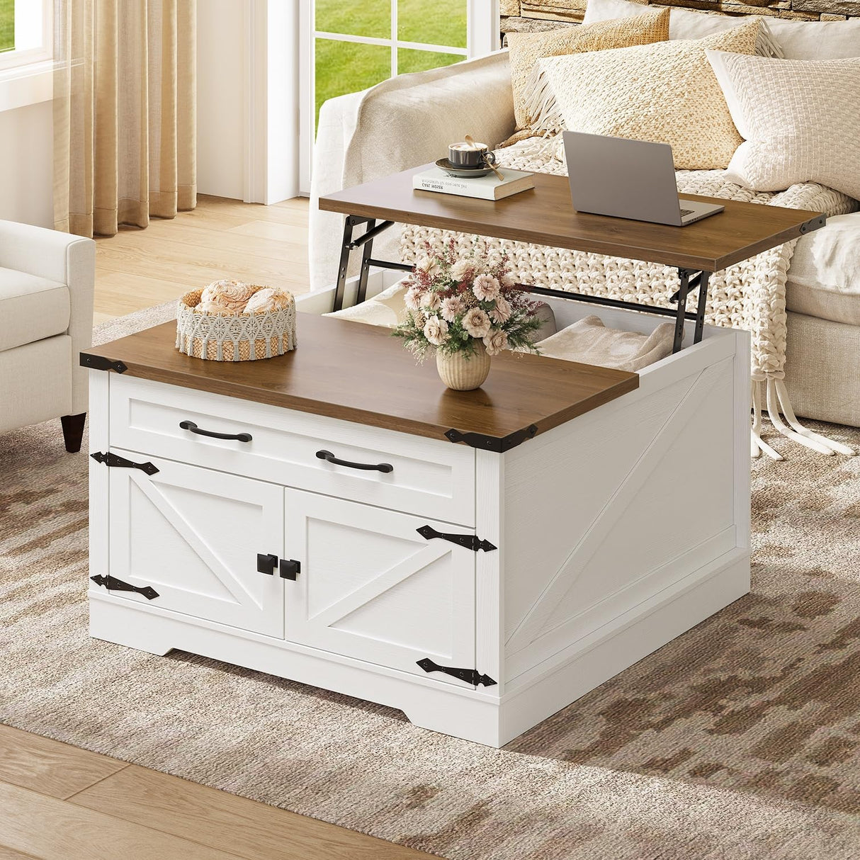 RALGEND Farmhouse Lift Top Coffee Table with Storage, Square Wooden Center Table with Drawers for Living Room, Rustic Coffee Table with Hidden Compartment, White and Walnut