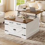 RALGEND Farmhouse Lift Top Coffee Table with Storage, Square Wooden Center Table with Drawers for Living Room, Rustic Coffee Table with Hidden Compartment, White and Walnut