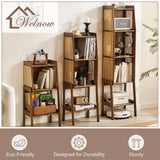 Welnow Bamboo Rattan Bookcase with Cabinet, 3-Tier Storage Shelf with Side Table & End Table Function, Large Modern Wood Organizer for Living Room or Bedroom, Walnut Bookshelf Welnow