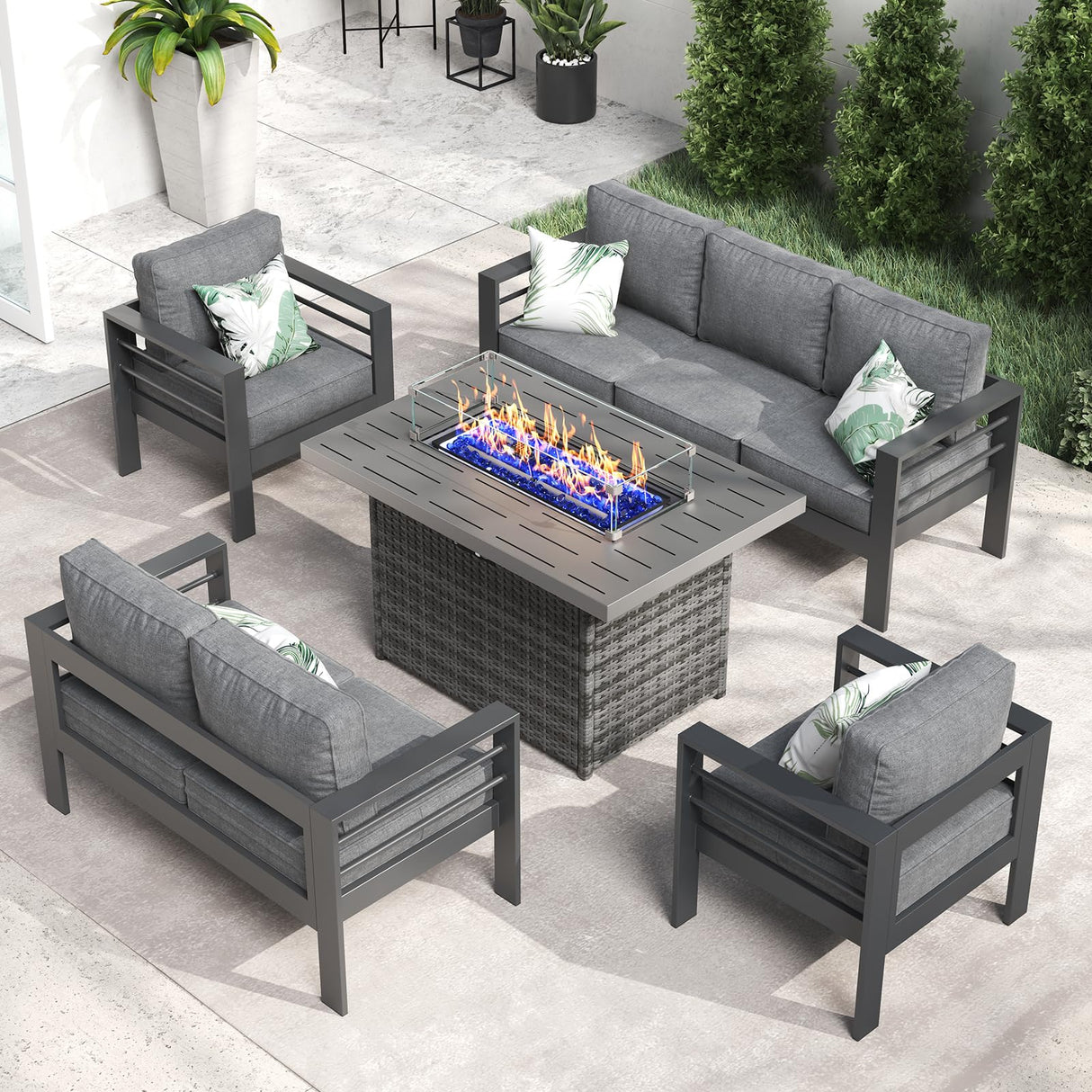 LayinSun Aluminum Furniture Set with Fire Pit Table, 5 Pieces Patio Sectional Conversation Chat Sofa Modern Seating Set LayinSun