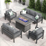 LayinSun Aluminum Furniture Set with Fire Pit Table, 5 Pieces Patio Sectional Conversation Chat Sofa Modern Seating Set LayinSun