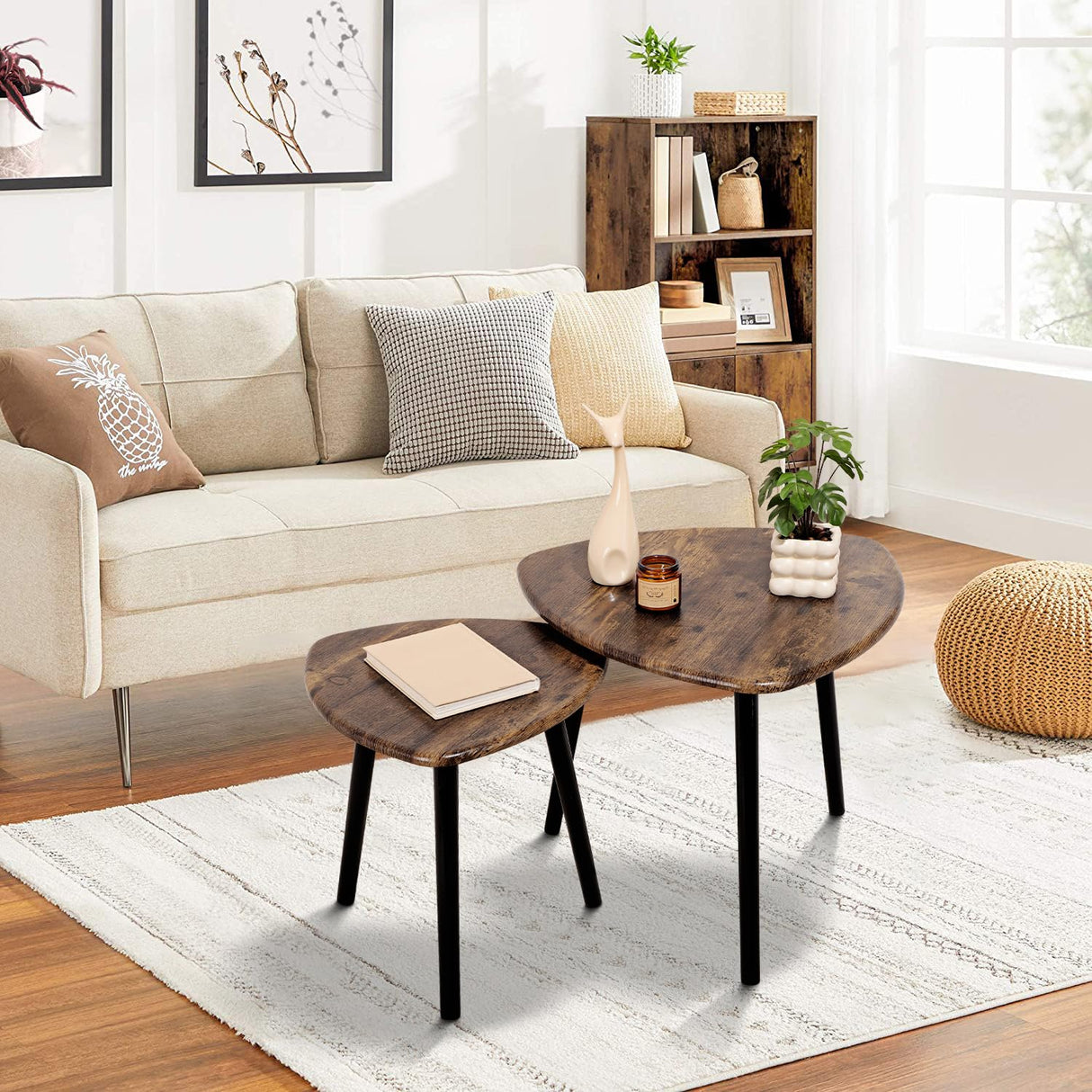Nesting Coffee Table Set of 2 Triangular End Side Tables Modern Industrial Simple Nightstand Center Table for Living Room Bedroom Apartment, Retro Brown FEUFOAM